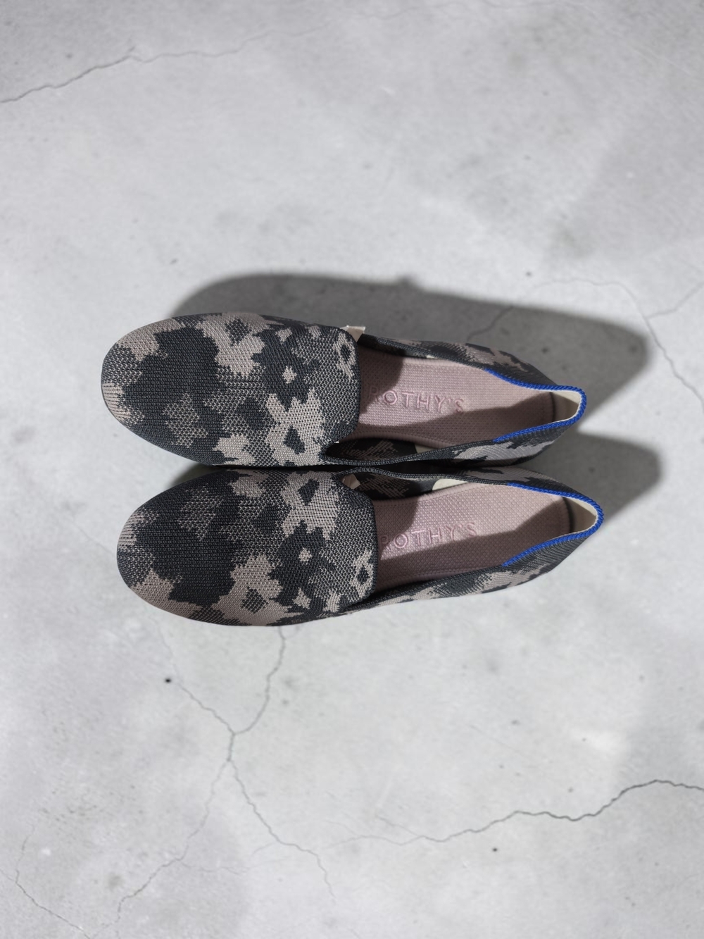 Rothy's Gray Camo Slip-On Flats with Blue Trim
